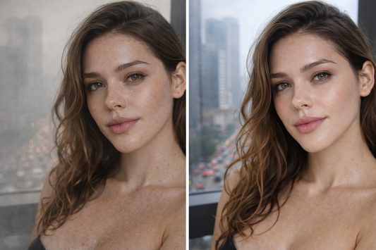 Side-by-side portrait of a woman with natural makeup and wavy brown hair by a city window