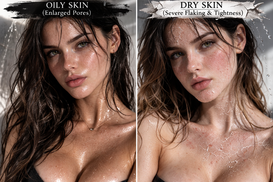 Side-by-side comparison of oily skin with enlarged pores and dry skin with severe flaking on a woman's face and chest.