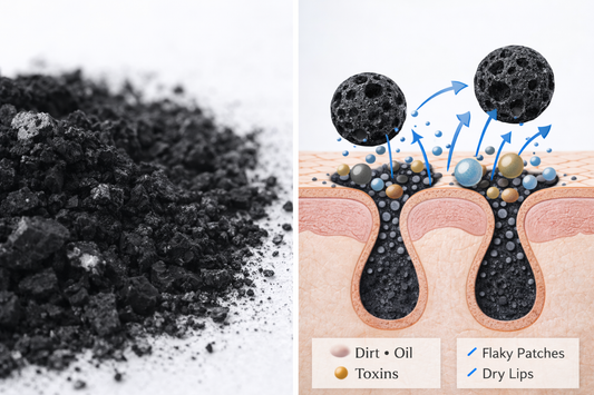 Activated charcoal powder beside diagram showing charcoal cleansing skin pores from dirt, oil, toxins.