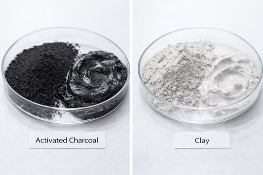 Activated charcoal and clay powders with gel textures in glass dishes, labeled for comparison