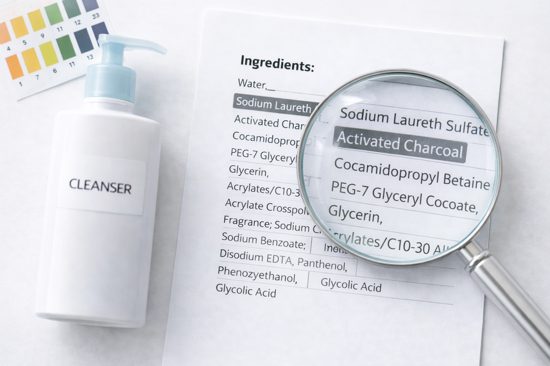 Cleanser bottle beside skincare ingredients list with magnifying glass highlighting activated charcoal and sodium laureth sulfate