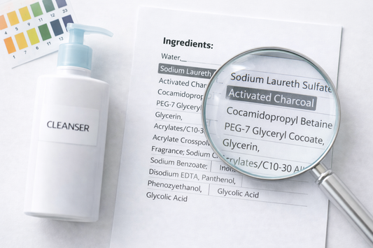 Cleanser bottle beside skincare ingredients list with magnifying glass highlighting activated charcoal and sodium laureth sulfate
