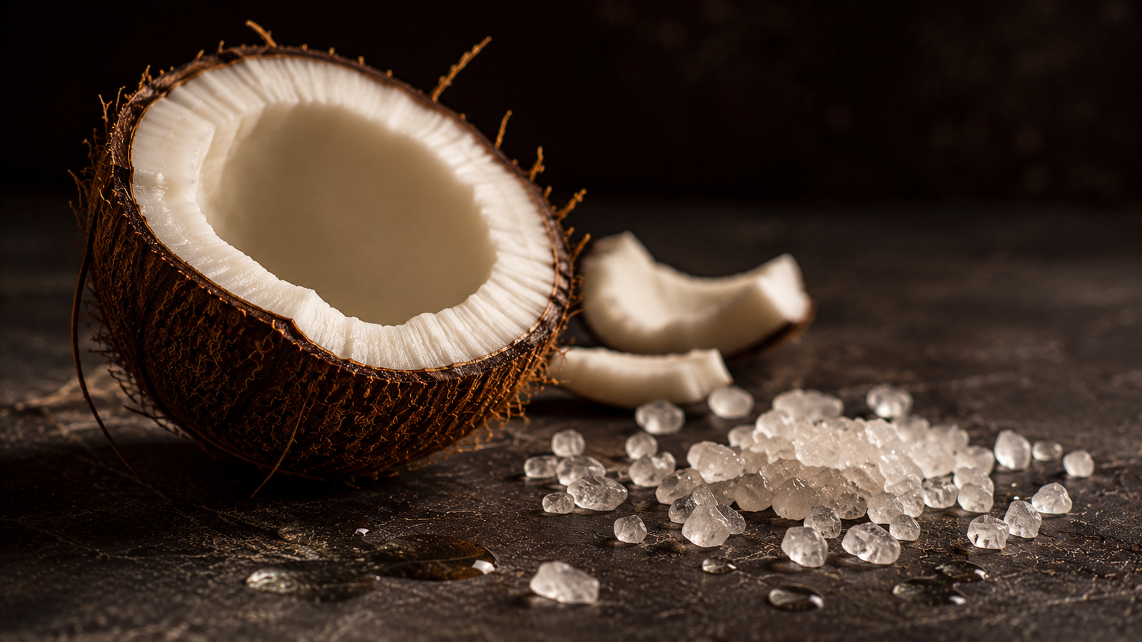 Coconut and botanical ingredients on dark surface — REXODIA Ember coco-glucoside sulfate-free foaming cleanser